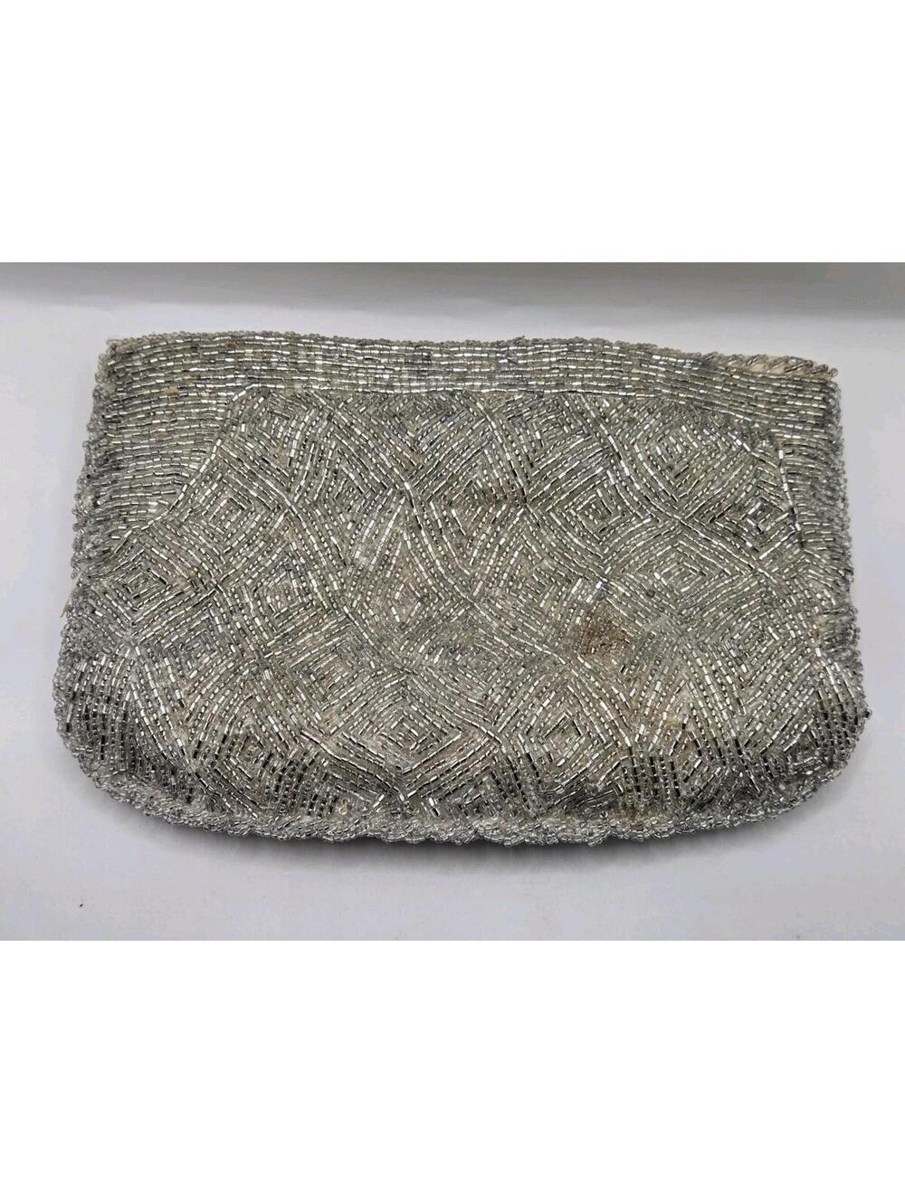 Vintage La Regale Gray Silver Hand Beaded Beaded Coin Purse Makeup Bag